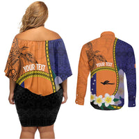 Personalised PNG Niu Ailan Couples Matching Off Shoulder Short Dress and Long Sleeve Button Shirt Papua New Guinea Plumeria Melanesian Pattern LT14 - Polynesian Pride
