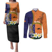 Personalised PNG Niu Ailan Couples Matching Puletasi and Long Sleeve Button Shirt Papua New Guinea Plumeria Melanesian Pattern LT14 Orange - Polynesian Pride