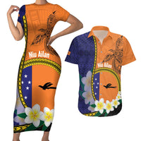 Personalised PNG Niu Ailan Couples Matching Short Sleeve Bodycon Dress and Hawaiian Shirt Papua New Guinea Plumeria Melanesian Pattern LT14 Orange - Polynesian Pride
