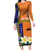 Personalised PNG Niu Ailan Family Matching Long Sleeve Bodycon Dress and Hawaiian Shirt Papua New Guinea Plumeria Melanesian Pattern LT14 Mom's Dress Orange - Polynesian Pride