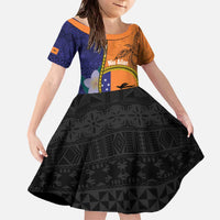 Personalised PNG Niu Ailan Family Matching Off The Shoulder Long Sleeve Dress and Hawaiian Shirt Papua New Guinea Plumeria Melanesian Pattern LT14 Daughter's Dress Orange - Polynesian Pride