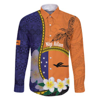 Personalised PNG Niu Ailan Family Matching Off The Shoulder Long Sleeve Dress and Hawaiian Shirt Papua New Guinea Plumeria Melanesian Pattern LT14 Dad's Shirt - Long Sleeve Orange - Polynesian Pride