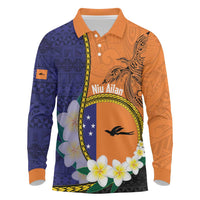 Personalised PNG Niu Ailan Long Sleeve Polo Shirt Papua New Guinea Plumeria Melanesian Pattern LT14 Orange - Polynesian Pride