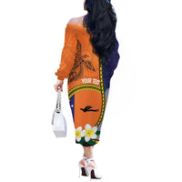 Personalised PNG Niu Ailan Off The Shoulder Long Sleeve Dress Papua New Guinea Plumeria Melanesian Pattern LT14 - Polynesian Pride
