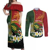 Personalised PNG Simbu Provins Couples Matching Off Shoulder Maxi Dress and Long Sleeve Button Shirt Papua New Guinea Plumeria Melanesian Pattern LT14 Green - Polynesian Pride