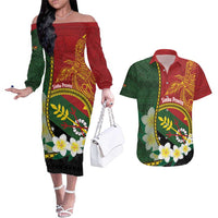 Personalised PNG Simbu Provins Couples Matching Off The Shoulder Long Sleeve Dress and Hawaiian Shirt Papua New Guinea Plumeria Melanesian Pattern LT14 Green - Polynesian Pride