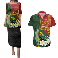 Personalised PNG Simbu Provins Couples Matching Puletasi and Hawaiian Shirt Papua New Guinea Plumeria Melanesian Pattern LT14 Green - Polynesian Pride