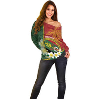 Personalised PNG Simbu Provins Off Shoulder Sweater Papua New Guinea Plumeria Melanesian Pattern - Polynesian Pride