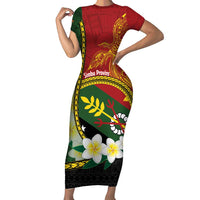 Personalised PNG Simbu Provins Short Sleeve Bodycon Dress Papua New Guinea Plumeria Melanesian Pattern LT14 Long Dress Green - Polynesian Pride