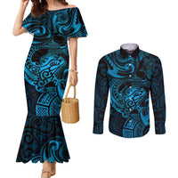 New Zealand Tuatara Couples Matching Mermaid Dress and Long Sleeve Button Shirt Aotearoa Maori Clematis Flowers - Blue LT14 Blue - Polynesian Pride