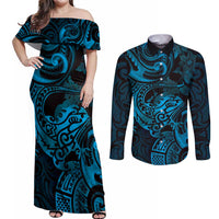 New Zealand Tuatara Couples Matching Off Shoulder Maxi Dress and Long Sleeve Button Shirt Aotearoa Maori Clematis Flowers - Blue LT14 Blue - Polynesian Pride