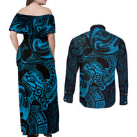 New Zealand Tuatara Couples Matching Off Shoulder Maxi Dress and Long Sleeve Button Shirt Aotearoa Maori Clematis Flowers - Blue LT14 - Polynesian Pride