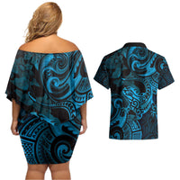 New Zealand Tuatara Couples Matching Off Shoulder Short Dress and Hawaiian Shirt Aotearoa Maori Clematis Flowers - Blue LT14 - Polynesian Pride