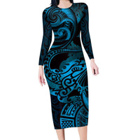 New Zealand Tuatara Family Matching Long Sleeve Bodycon Dress and Hawaiian Shirt Aotearoa Maori Clematis Flowers - Blue LT14 Mom's Dress Blue - Polynesian Pride