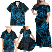 New Zealand Tuatara Family Matching Off Shoulder Maxi Dress and Hawaiian Shirt Aotearoa Maori Clematis Flowers - Blue LT14 - Polynesian Pride