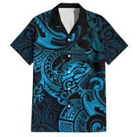 New Zealand Tuatara Family Matching Off Shoulder Maxi Dress and Hawaiian Shirt Aotearoa Maori Clematis Flowers - Blue LT14 Dad's Shirt - Short Sleeve Blue - Polynesian Pride