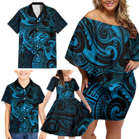 New Zealand Tuatara Family Matching Off Shoulder Short Dress and Hawaiian Shirt Aotearoa Maori Clematis Flowers - Blue LT14 - Polynesian Pride
