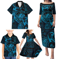 New Zealand Tuatara Family Matching Puletasi and Hawaiian Shirt Aotearoa Maori Clematis Flowers - Blue LT14 - Polynesian Pride