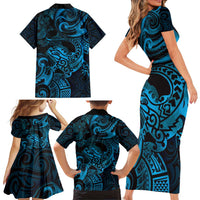 New Zealand Tuatara Family Matching Short Sleeve Bodycon Dress and Hawaiian Shirt Aotearoa Maori Clematis Flowers - Blue LT14 - Polynesian Pride