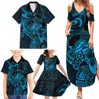 New Zealand Tuatara Family Matching Summer Maxi Dress and Hawaiian Shirt Aotearoa Maori Clematis Flowers - Blue LT14 - Polynesian Pride