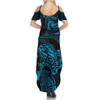 New Zealand Tuatara Family Matching Summer Maxi Dress and Hawaiian Shirt Aotearoa Maori Clematis Flowers - Blue LT14 - Polynesian Pride