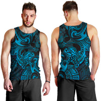 New Zealand Tuatara Men Tank Top Aotearoa Maori Clematis Flowers - Blue LT14 - Polynesian Pride