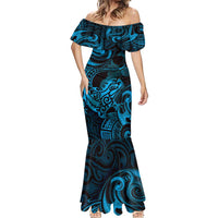 New Zealand Tuatara Mermaid Dress Aotearoa Maori Clematis Flowers - Blue LT14 - Polynesian Pride
