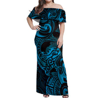New Zealand Tuatara Off Shoulder Maxi Dress Aotearoa Maori Clematis Flowers - Blue LT14 Women Blue - Polynesian Pride