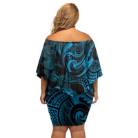 New Zealand Tuatara Off Shoulder Short Dress Aotearoa Maori Clematis Flowers - Blue LT14 - Polynesian Pride