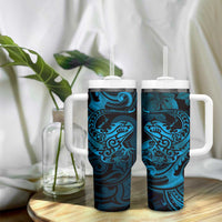 New Zealand Tuatara Tumbler With Handle Aotearoa Maori Clematis Flowers - Blue LT14 - Polynesian Pride