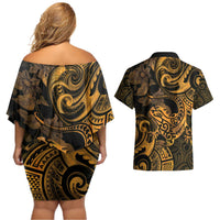 New Zealand Tuatara Couples Matching Off Shoulder Short Dress and Hawaiian Shirt Aotearoa Maori Clematis Flowers - Gold LT14 - Polynesian Pride