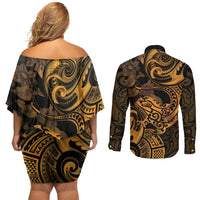 New Zealand Tuatara Couples Matching Off Shoulder Short Dress and Long Sleeve Button Shirt Aotearoa Maori Clematis Flowers - Gold LT14 - Polynesian Pride
