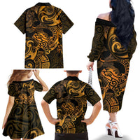 New Zealand Tuatara Family Matching Off The Shoulder Long Sleeve Dress and Hawaiian Shirt Aotearoa Maori Clematis Flowers - Gold LT14 - Polynesian Pride