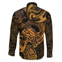 New Zealand Tuatara Family Matching Off The Shoulder Long Sleeve Dress and Hawaiian Shirt Aotearoa Maori Clematis Flowers - Gold LT14 - Polynesian Pride