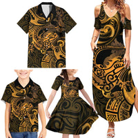New Zealand Tuatara Family Matching Summer Maxi Dress and Hawaiian Shirt Aotearoa Maori Clematis Flowers - Gold LT14 - Polynesian Pride