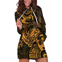 New Zealand Tuatara Hoodie Dress Aotearoa Maori Clematis Flowers - Gold LT14 Gold - Polynesian Pride