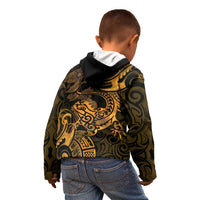 New Zealand Tuatara Kid Hoodie Aotearoa Maori Clematis Flowers - Gold LT14 - Polynesian Pride