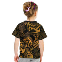 New Zealand Tuatara Kid T Shirt Aotearoa Maori Clematis Flowers - Gold LT14 - Polynesian Pride