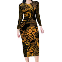 New Zealand Tuatara Long Sleeve Bodycon Dress Aotearoa Maori Clematis Flowers - Gold LT14 Long Dress Gold - Polynesian Pride
