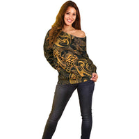 New Zealand Tuatara Off Shoulder Sweater Aotearoa Maori Clematis Flowers - Gold LT14 - Polynesian Pride