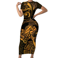 New Zealand Tuatara Short Sleeve Bodycon Dress Aotearoa Maori Clematis Flowers - Gold LT14 Long Dress Gold - Polynesian Pride