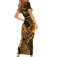 New Zealand Tuatara Short Sleeve Bodycon Dress Aotearoa Maori Clematis Flowers - Gold LT14 - Polynesian Pride