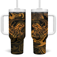 New Zealand Tuatara Tumbler With Handle Aotearoa Maori Clematis Flowers - Gold LT14 One Size: 40 oz Gold - Polynesian Pride