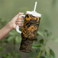 New Zealand Tuatara Tumbler With Handle Aotearoa Maori Clematis Flowers - Gold LT14 - Polynesian Pride