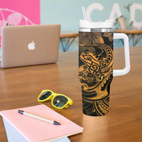 New Zealand Tuatara Tumbler With Handle Aotearoa Maori Clematis Flowers - Gold LT14 - Polynesian Pride