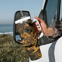 New Zealand Tuatara Tumbler With Handle Aotearoa Maori Clematis Flowers - Gold LT14 - Polynesian Pride