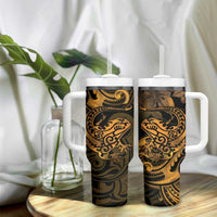 New Zealand Tuatara Tumbler With Handle Aotearoa Maori Clematis Flowers - Gold LT14 - Polynesian Pride