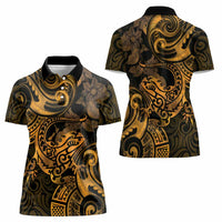 New Zealand Tuatara Women Polo Shirt Aotearoa Maori Clematis Flowers - Gold LT14 - Polynesian Pride