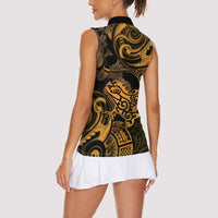 New Zealand Tuatara Women Sleeveless Polo Shirt Aotearoa Maori Clematis Flowers - Gold LT14 - Polynesian Pride