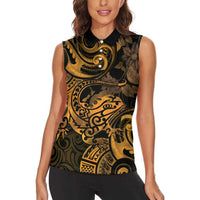 New Zealand Tuatara Women Sleeveless Polo Shirt Aotearoa Maori Clematis Flowers - Gold LT14 - Polynesian Pride